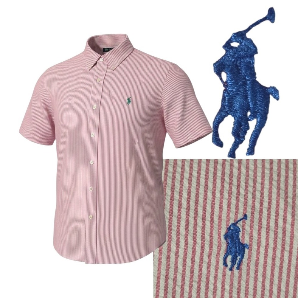 Ralph Lauren Button Up Mens L Pink Seersucker Striped‎ Short Sleeve Classic Fit